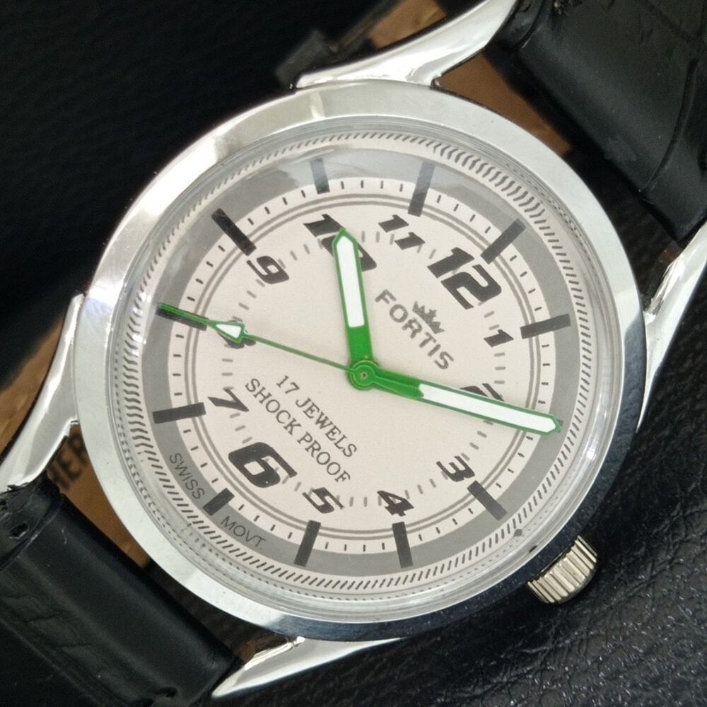 Vintage 1975 Fortis Manual Mens Silver Watch W/Leather Strap & Green accents